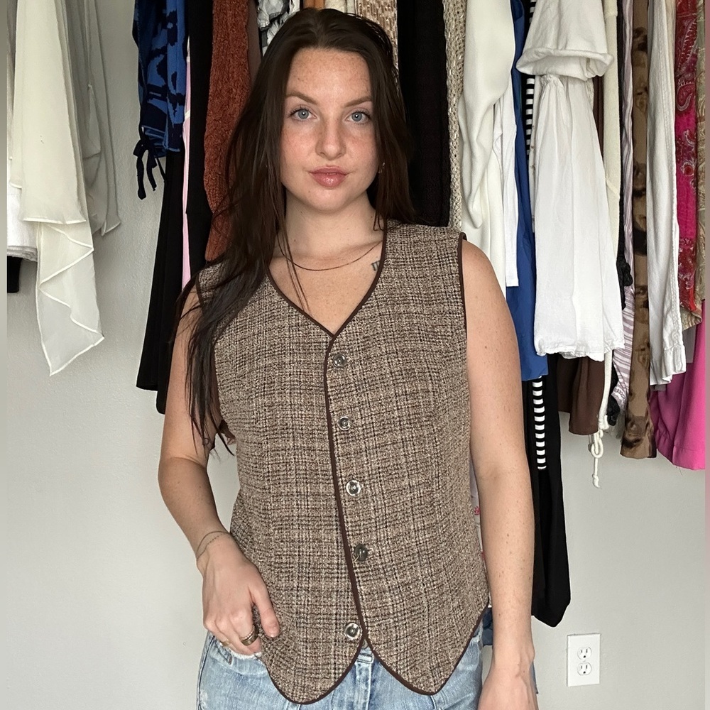 Brown Tweed Button Front Vest Vintage Style Academia Size M